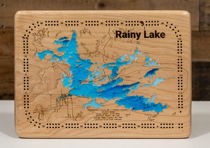 High-definition wooden relief map of Rainy Lake in Koochichiching and St. Louis County, MN and Ontario, Canada, handmade for durability.