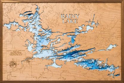 High-definition wooden relief map of Rainy Lake in Koochichiching and St. Louis County, MN and Ontario, Canada, handmade for durability.