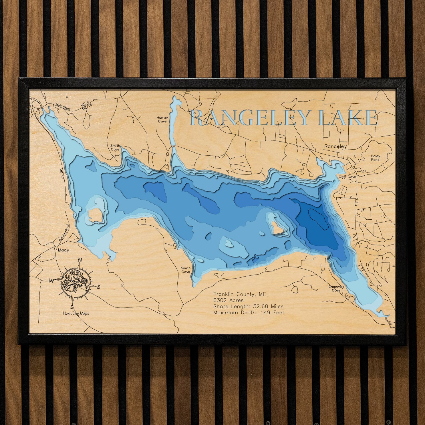 3D wooden lake map of Rangeley Lake in Franklin County, ME, showcasing detailed depth layers and contours.