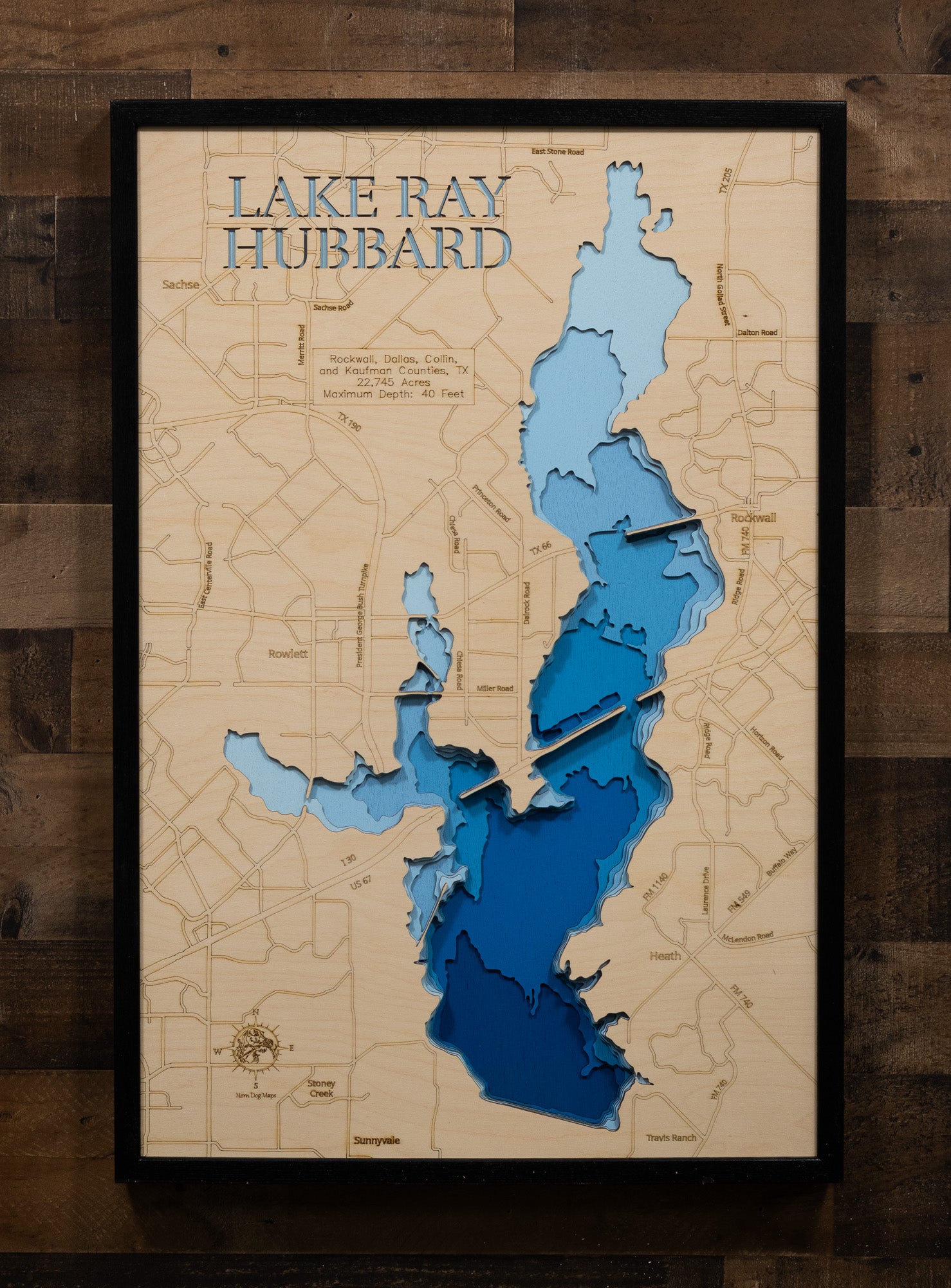 Precision-cut wooden map of Lake Ray Hubbard in Rockwall, Dallas, Collin, and Kaufman Counties, TX, perfect for unique decor.