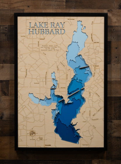 Precision-cut wooden map of Lake Ray Hubbard in Rockwall, Dallas, Collin, and Kaufman Counties, TX, perfect for unique decor.