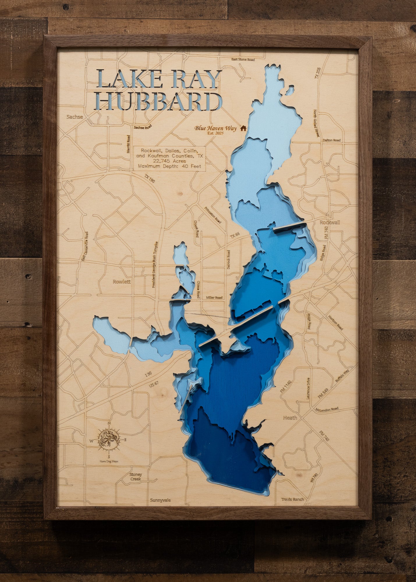 Precision-cut wooden map of Lake Ray Hubbard in Rockwall, Dallas, Collin, and Kaufman Counties, TX, perfect for unique decor.