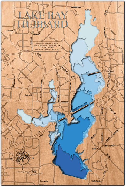 Precision-cut wooden map of Lake Ray Hubbard in Rockwall, Dallas, Collin, and Kaufman Counties, TX, perfect for unique decor.