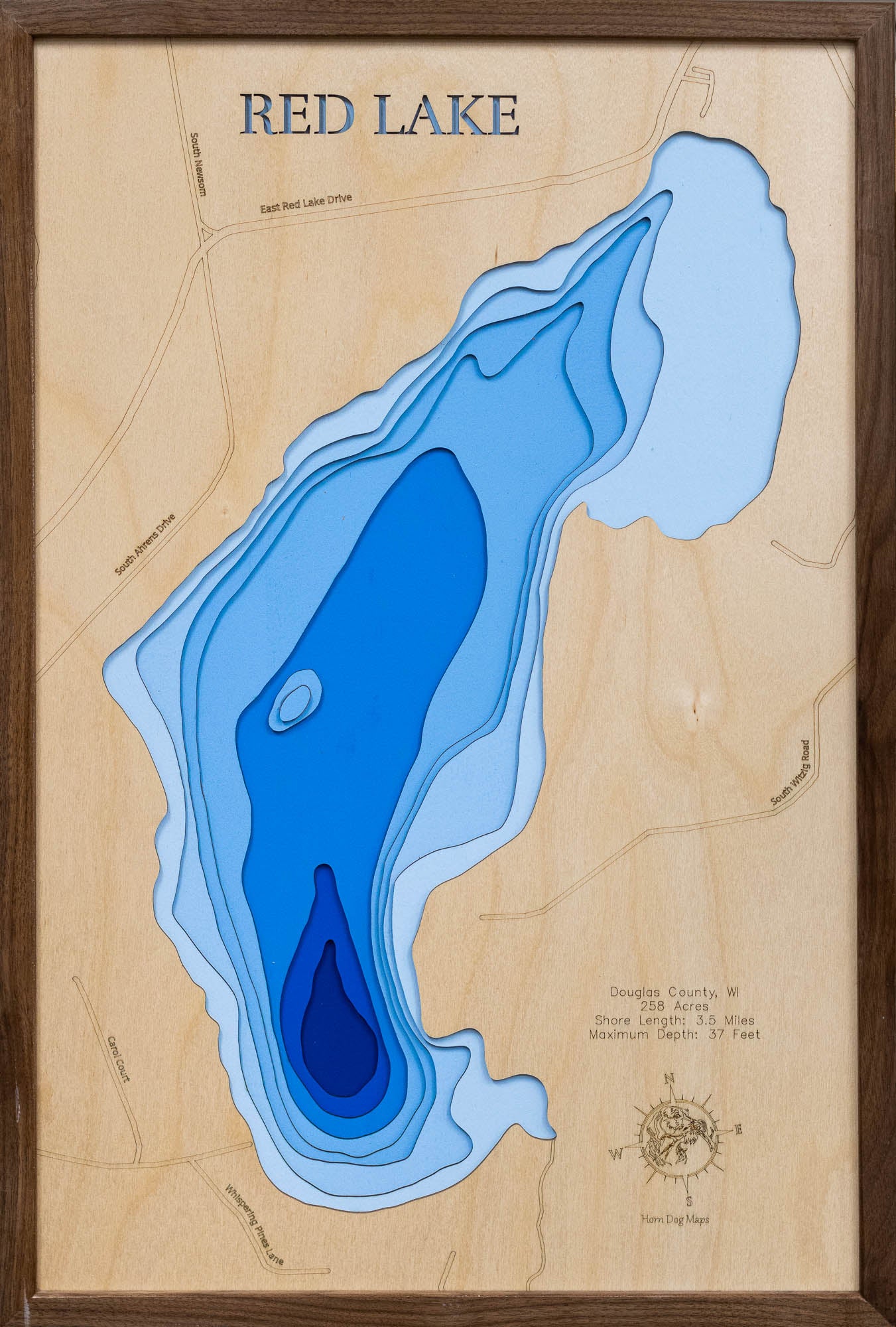 Custom wooden map of Red Lake in Douglas County, WI with layered depth highlights.