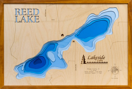 Reed Lake in Sawyer County, WI engraved wood map, showcasing accurate topographical features.