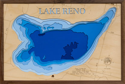 3D wooden lake map of Lake Reno in Pope County, MN, showcasing detailed depth layers and contours.