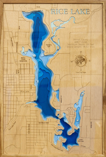 Rice Lake in Barron County, Wisconsin 3D depth map, laser cut from high-quality wood.