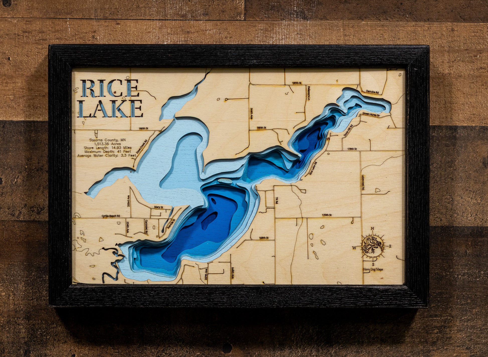 Precision-cut wooden map of Rice Lake in Stearns County, MN, perfect for unique decor.