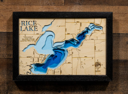 Precision-cut wooden map of Rice Lake in Stearns County, MN, perfect for unique decor.