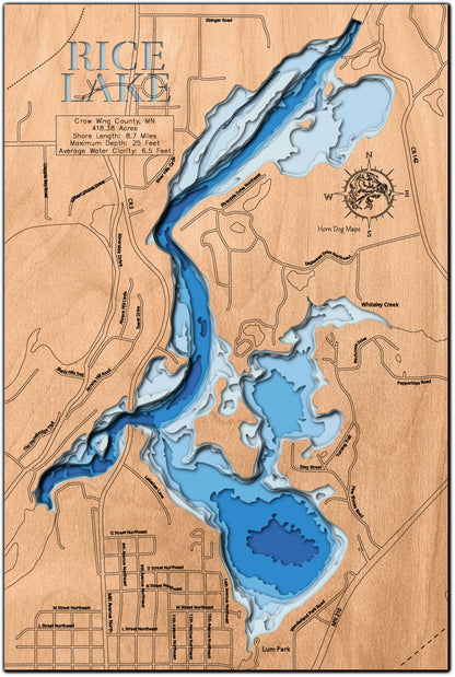 Exquisite wooden map of Rice Lake in Crow Wing County, MN with detailed lakebed features.