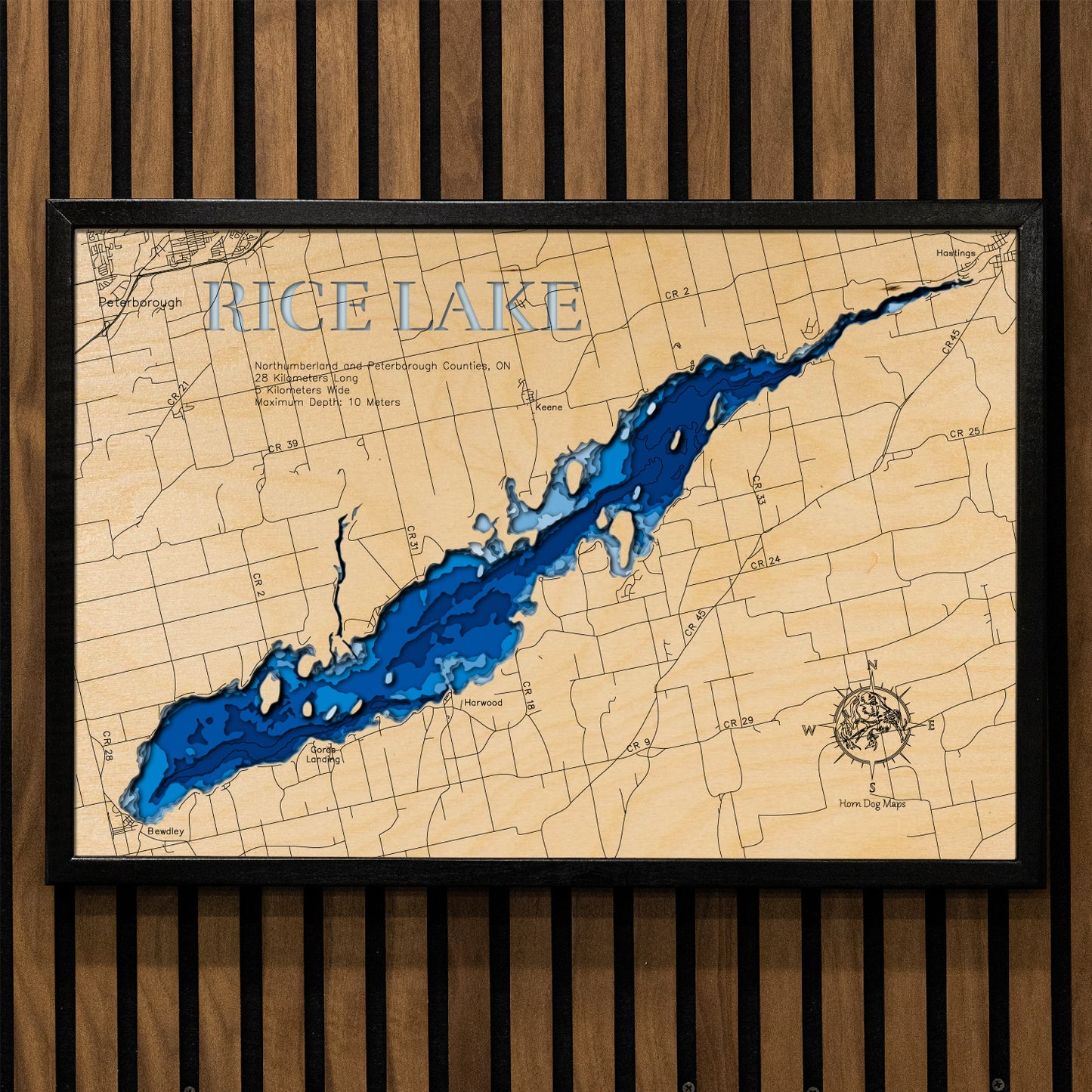 3D wooden lake map of Rice Lake in Peterborough County, ON, showcasing detailed depth layers and contours.