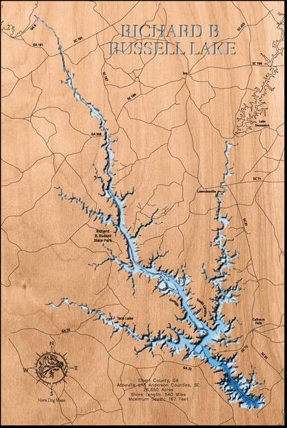 Detailed wooden relief map of Richard B Russell Lake in Elbert County, GA, Abbeville nd Anderson Counties, SC, showcasing its natural beauty.