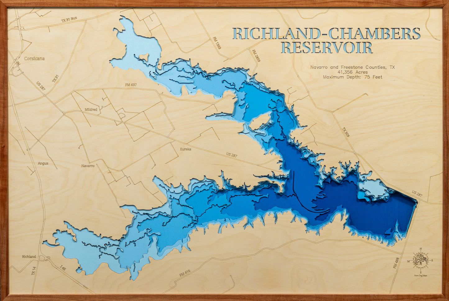 Artisanally carved wooden lake map of Richland-Chambers Reservoir in Navarro and Freestone Counties, TX, highlighting bathymetry.