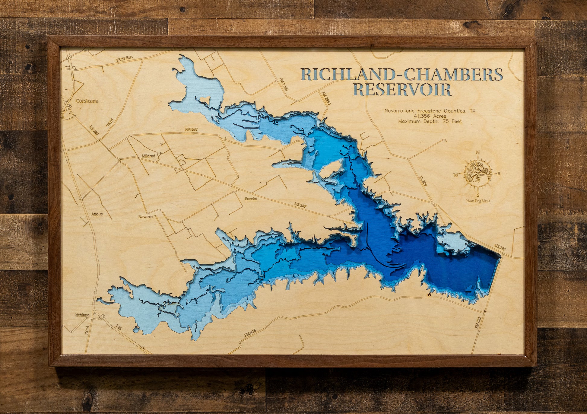 Artisanally carved wooden lake map of Richland-Chambers Reservoir in Navarro and Freestone Counties, TX, highlighting bathymetry.