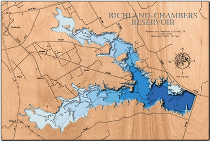 Artisanally carved wooden lake map of Richland-Chambers Reservoir in Navarro and Freestone Counties, TX, highlighting bathymetry.