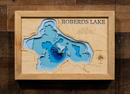 Custom wooden map of Roberds Lake in Rice County, MN with layered depth highlights.