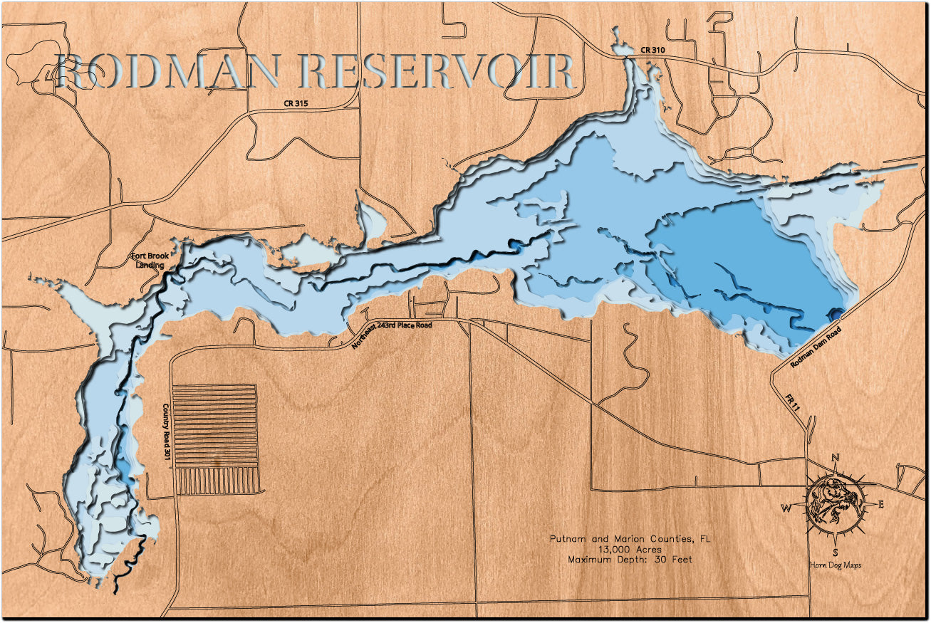 Precision-cut wooden map of Rodman Reservoir in Putnam and Marion Counties, FL, perfect for unique decor.