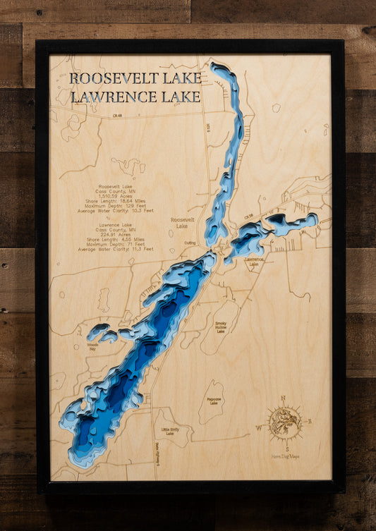 Roosevelt Lake in Cass County MN custom 3D wood map, perfect for home decor and gifts.