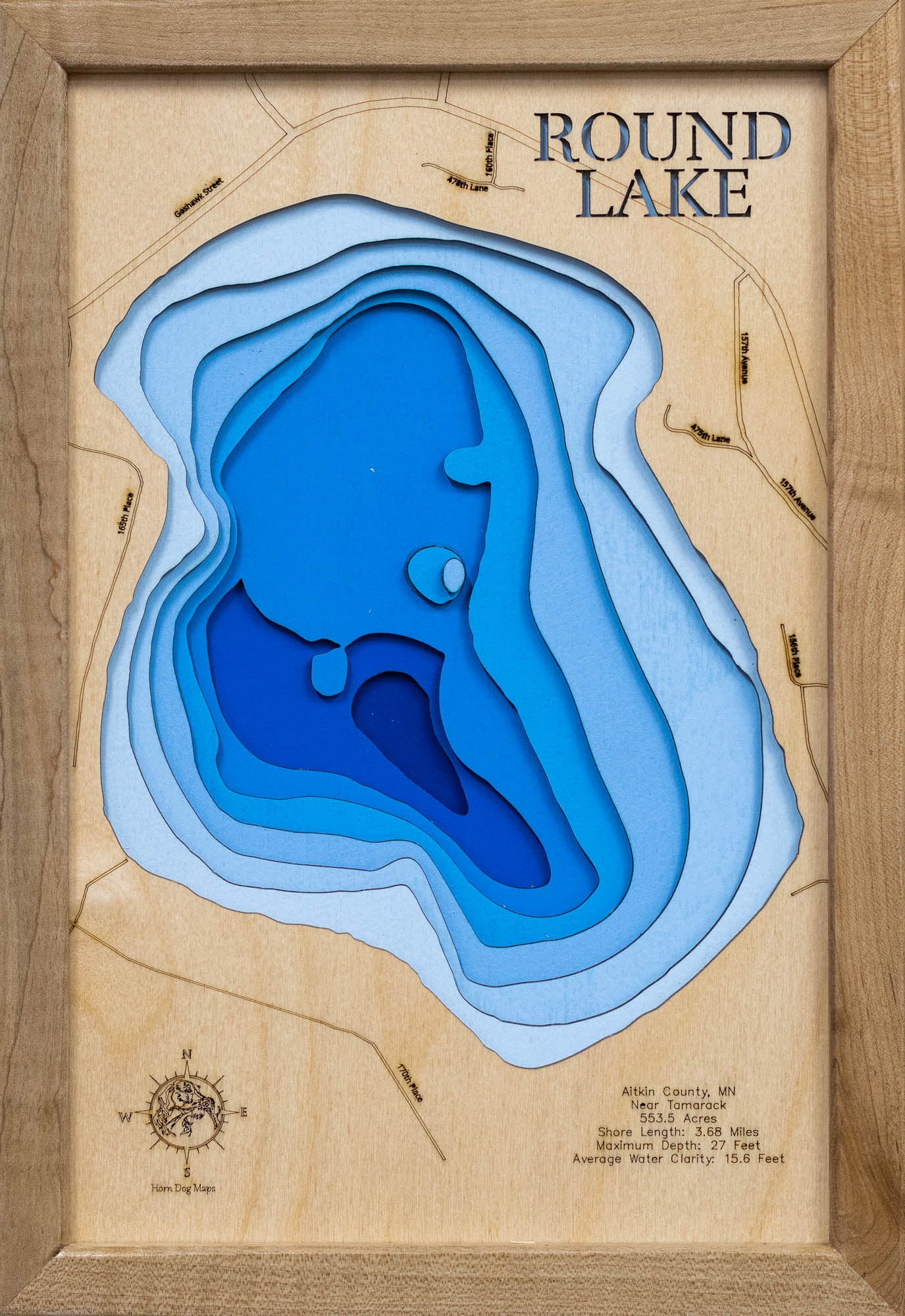 Round Lake in Aitkin County, MN engraved wood map, showcasing accurate topographical features.