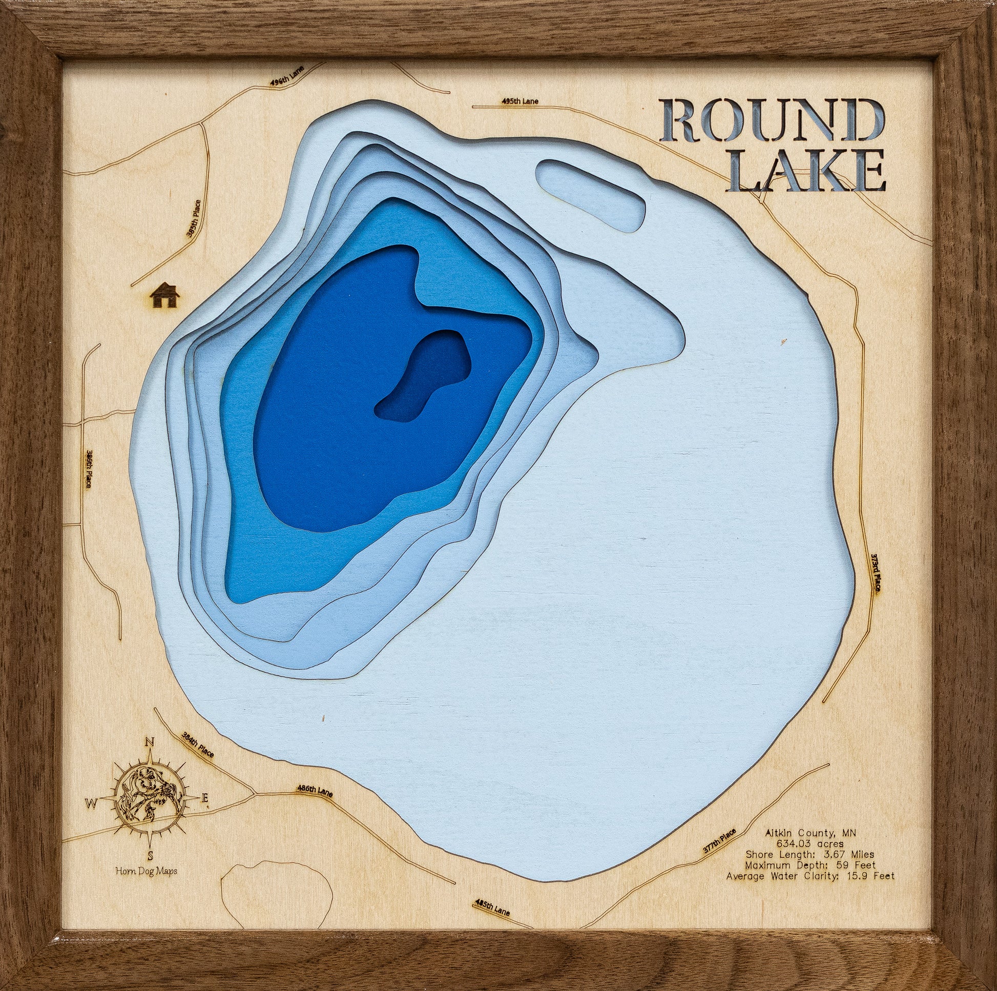 3D wooden lake map of Round Lake near Aitkin in Aitkin County, MN, showcasing detailed depth layers and contours.