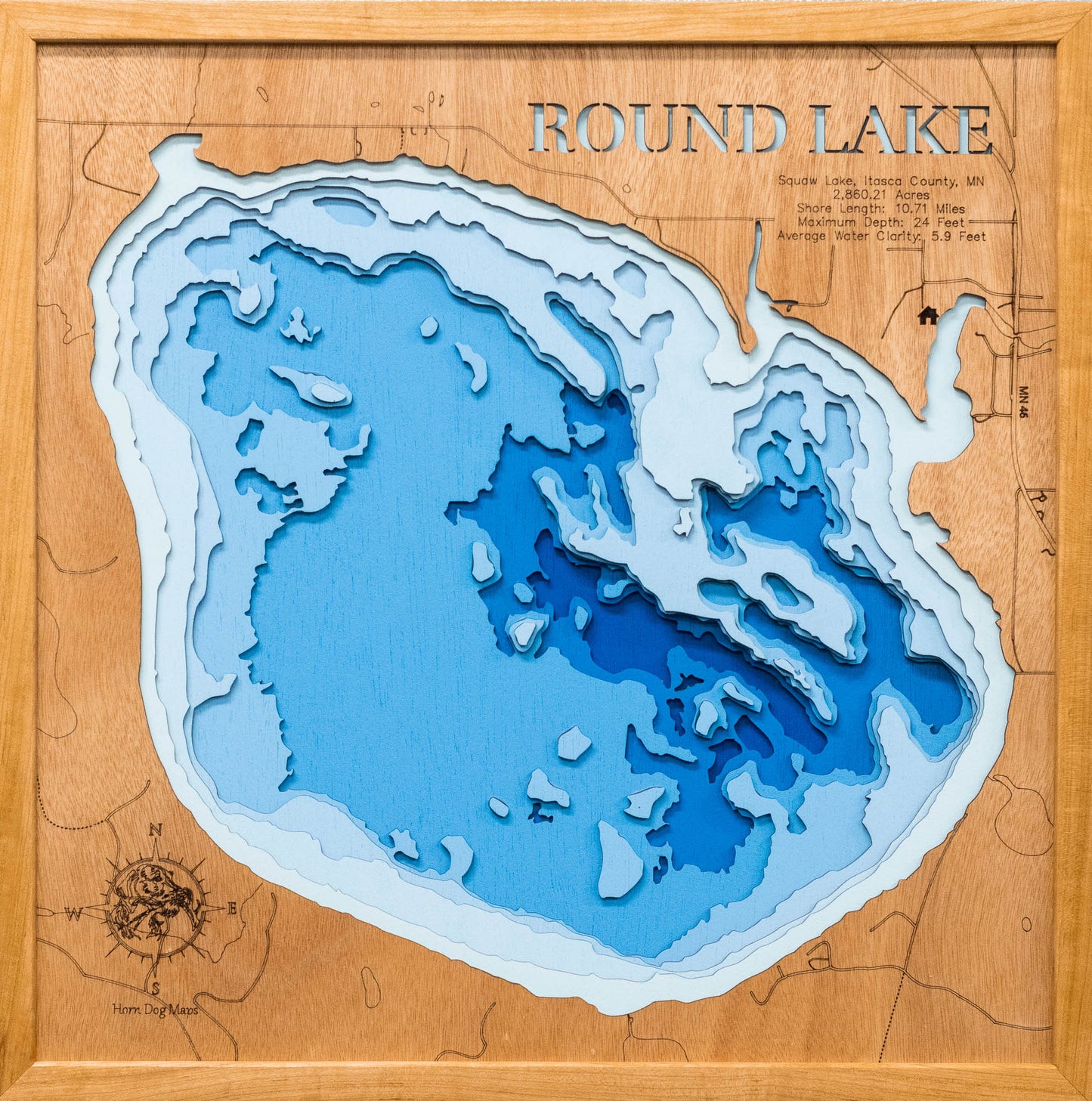 Custom wooden map of Round Lake in Squaw Lake, Itasca County, MN   with layered depth highlights.