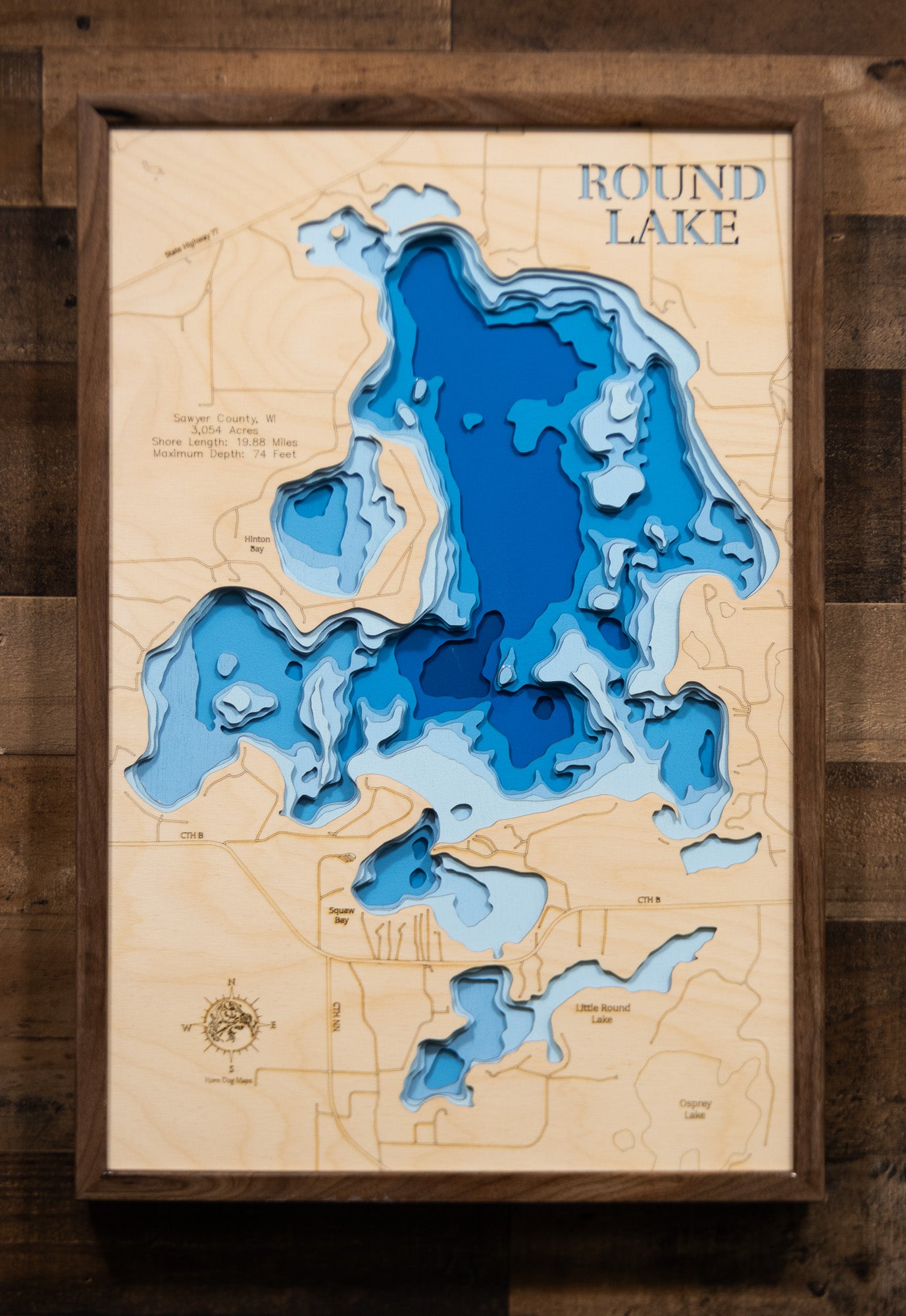 Round and Little Round Lakes in Sawyer County, WI in stunning 3D wood map design, with detailed topography.