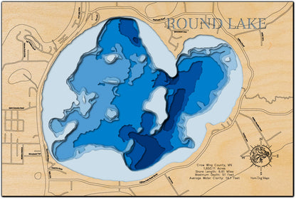 Custom wooden map of Round Lake in Crow Wing County, MN with layered depth highlights.