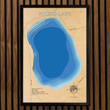 Round Lake in Morrison County, MN near Pillager engraved wood map, showcasing accurate topographical features.