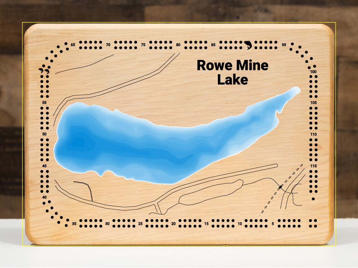 A precision laser-cut wooden map of Rowe Mine Lake in Crow Wing County, 
Minnesota, featuring a natural wood top layer and multi-layered blue 
water. The water depths are depicted with a light-to-dark blue gradient. This elegant 3D topographic art piece 
serves as a sophisticated focal point for cabin walls and modern home 
interiors, capturing the unique mining history of the region