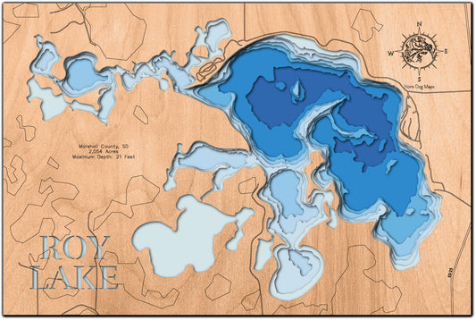 Artisanally carved wooden lake map of Roy Lake in Marshall County, SD, highlighting bathymetry.