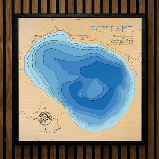 Roy Lake in Mahnomen County, MN 3D depth map, laser cut from high-quality wood.