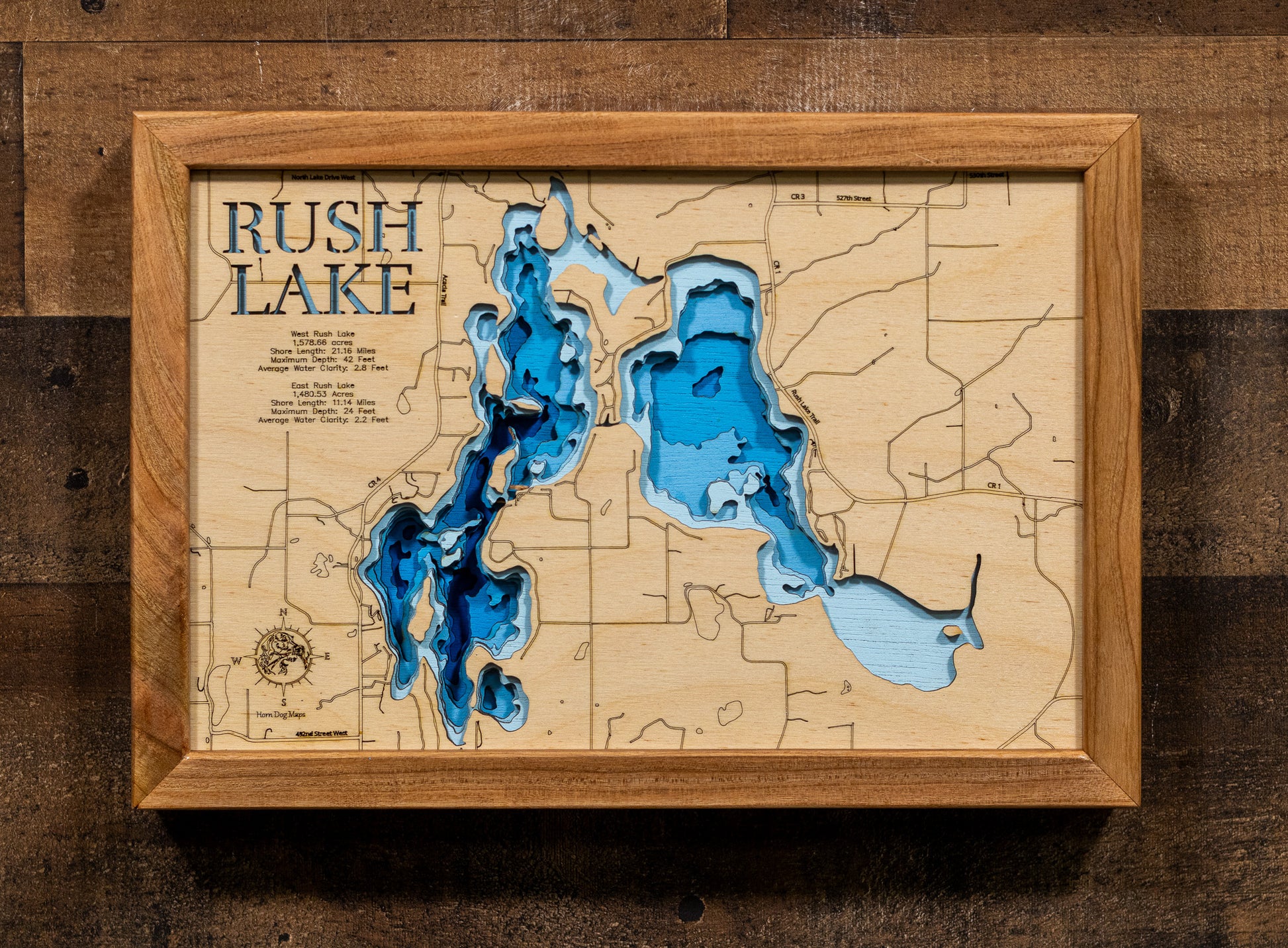 3d Lake Map of Rush Lake in Chisago County, MN 3D depth map, laser cut from high-quality wood.