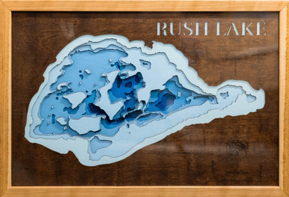 Rush Lake in Otter Tail County, MN engraved wood map, showcasing accurate topographical features.