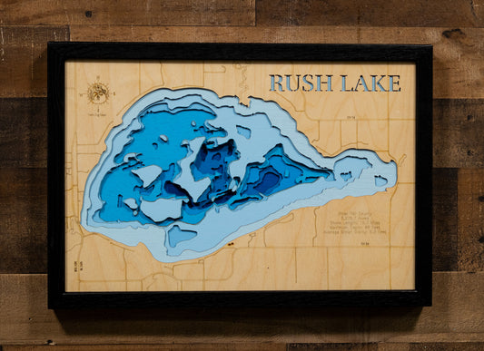 Rush Lake in Otter Tail County, MN engraved wood map, showcasing accurate topographical features.