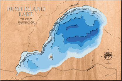 Decorative 3D wooden lake map of Rush Island Lake in Itasca County, MN, crafted with care.