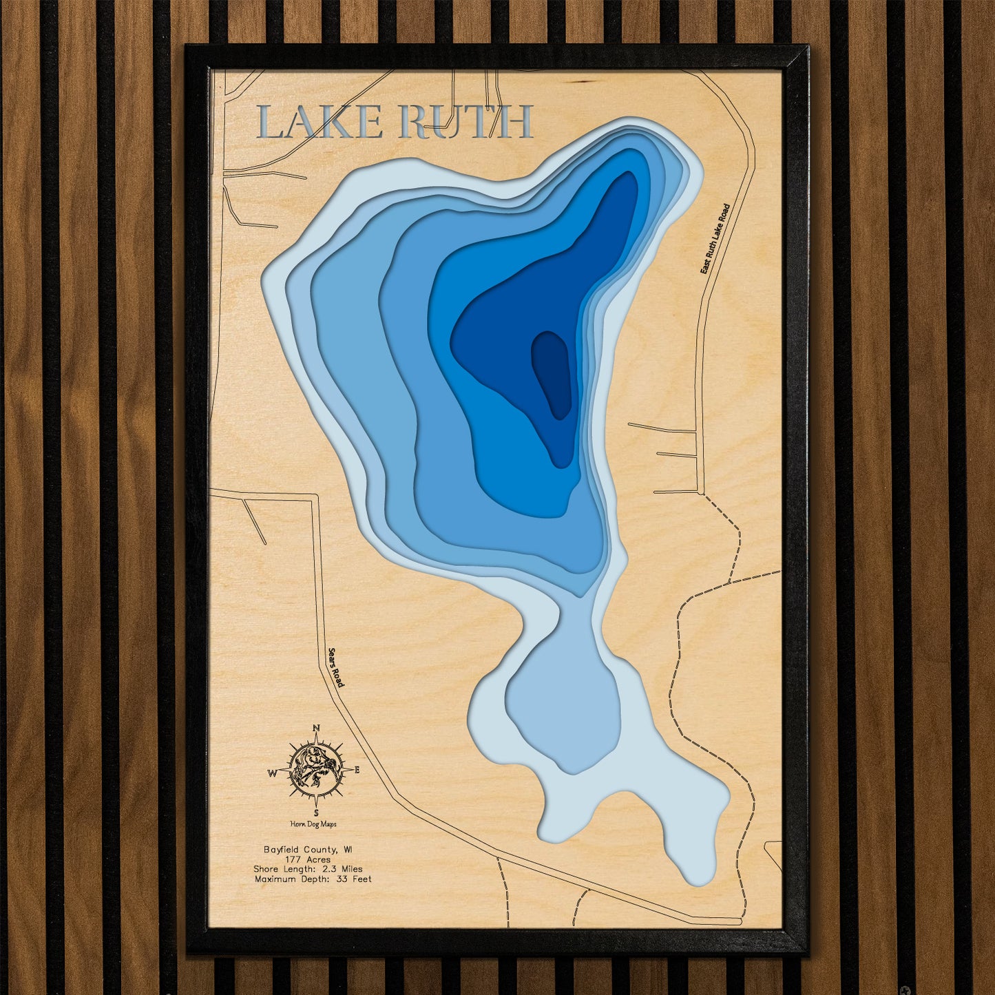 Decorative 3D wooden lake map of Ruth (Bayfield)Lake Ruth in Bayfield County, WI, crafted with care.