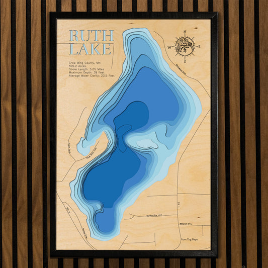 Unique wooden lake map of Ruth Lake in Crow Wing County, MN, featuring intricate depth details.