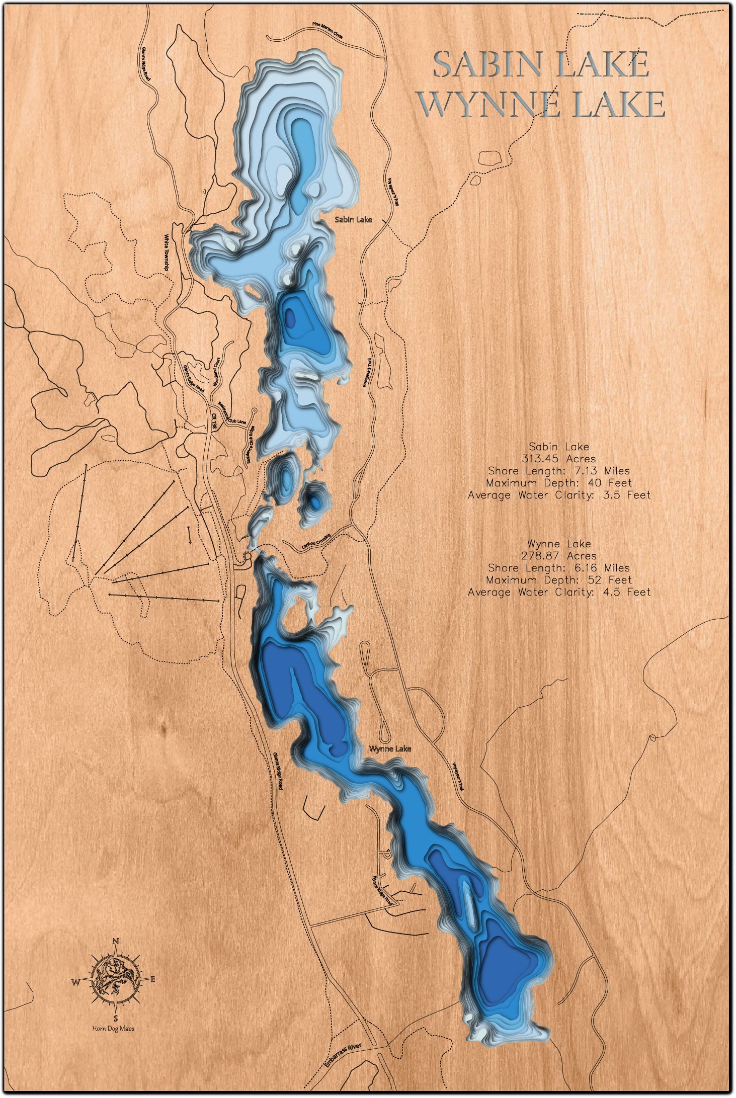 Artisanally carved wooden lake map of Sabin Lake and Wynne Lake in St. Louis County, MN, highlighting bathymetry.