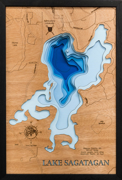 Lake Sagatagan in Stearns County, MN in stunning 3D wood map design, with detailed topography.