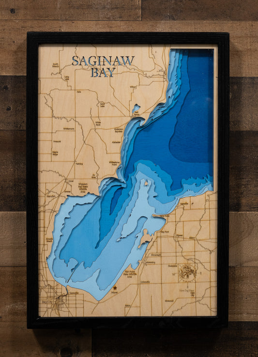 Precision-cut wooden map of Saginaw Bay in Michigan, perfect for unique decor.