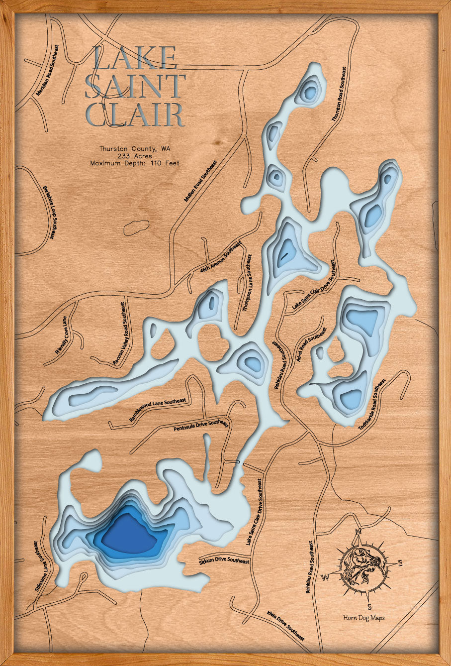 Exquisite wooden map of Lake Saint Clair in Thurston County, WA with detailed lakebed features.