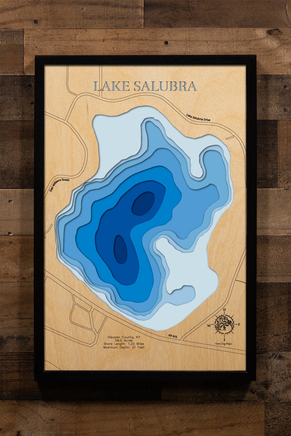 A precision laser-cut wooden map of Lake Salubria in Steuben County, 
New York, featuring a natural wood top layer and a multi-level blue 
gradient for the water. The 3D topographic design highlights the 
1.23-mile shoreline and 21-foot depth in a sophisticated art piece. 
It is a rustic yet modern home decor item that perfectly captures 
the unique shape of this Bath reservoir for any cabin wall.
