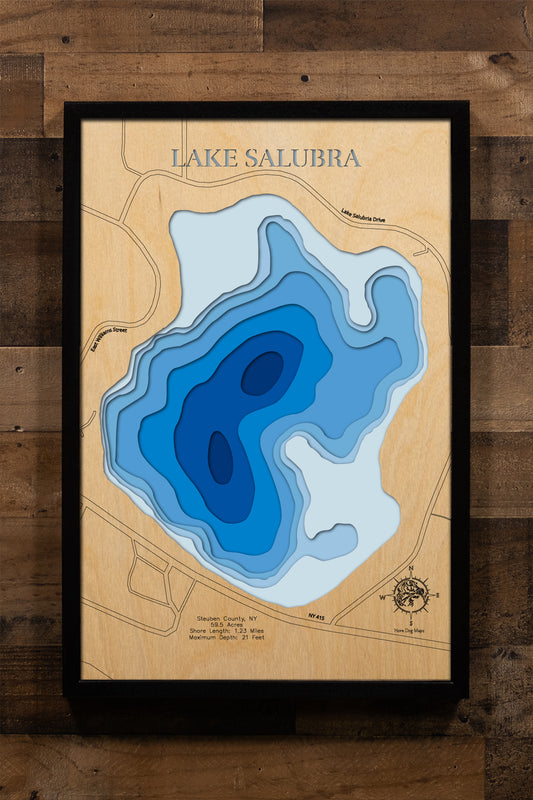 A precision laser-cut wooden map of Lake Salubria in Steuben County, 
New York, featuring a natural wood top layer and a multi-level blue 
gradient for the water. The 3D topographic design highlights the 
1.23-mile shoreline and 21-foot depth in a sophisticated art piece. 
It is a rustic yet modern home decor item that perfectly captures 
the unique shape of this Bath reservoir for any cabin wall.