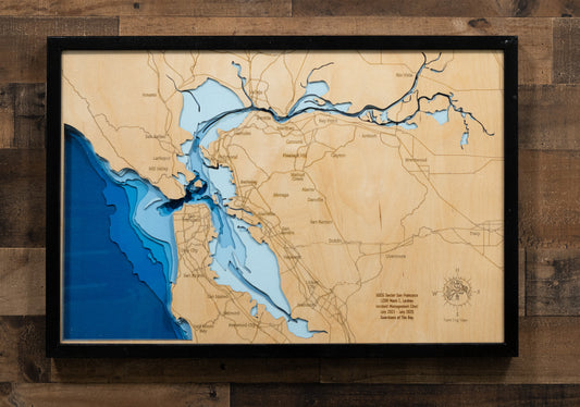 Unique wooden lake map of San Francisco Bay in California, featuring intricate depth details.
