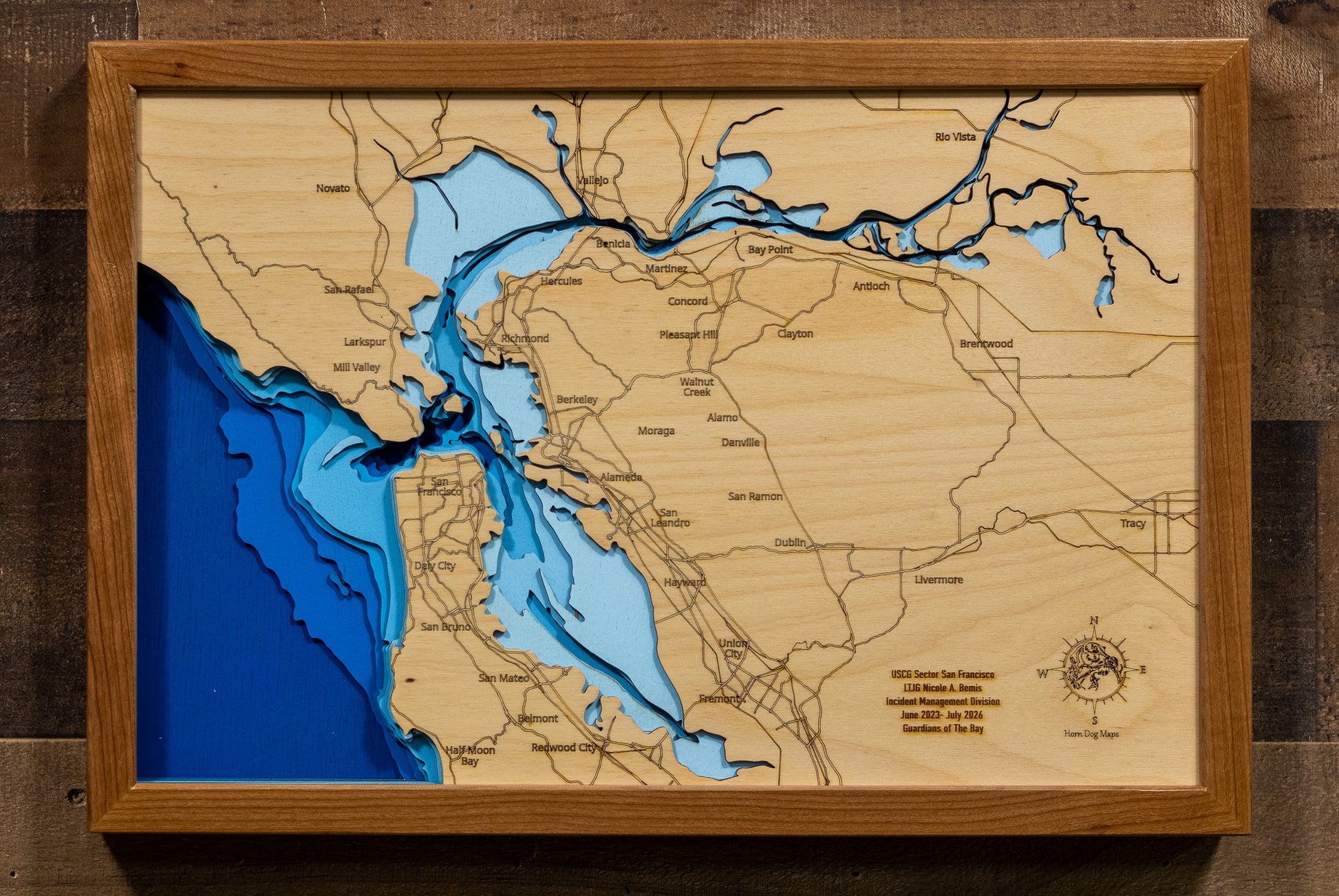 Unique wooden lake map of San Francisco Bay in California, featuring intricate depth details.