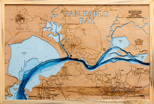 High-definition wooden relief map of San Pablo Bay in California, handmade for durability.