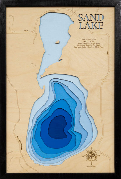 Sand Lake in Cass County, MN in stunning 3D wood map design, with detailed topography.