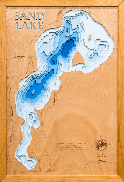 Custom wooden map of Sand Lake in Chippewa and Rusk Counties, WI with layered depth highlights.