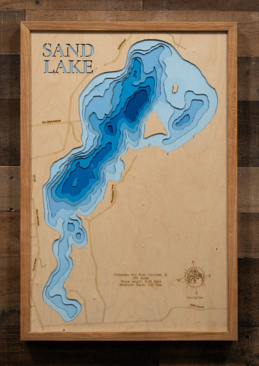 Custom wooden map of Sand Lake in Chippewa and Rusk Counties, WI with layered depth highlights.