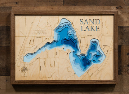 Exquisite wooden map of Sand Lake in Pine and Carlton County, MN with detailed lakebed features.